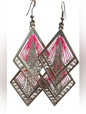 Silver & Pink Threaded Diamond Drop Earrings